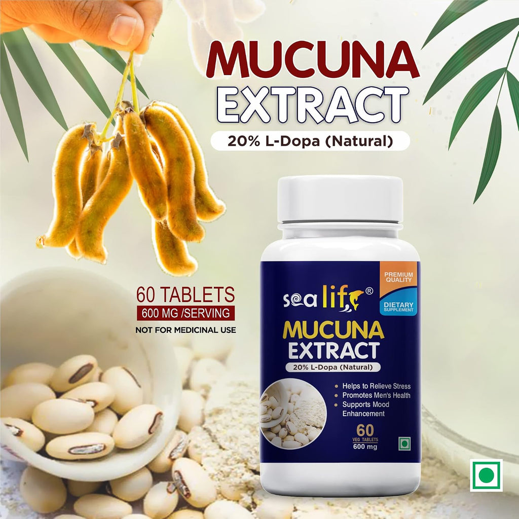 Sea Life Mucuna Pruriens Extract (60 Tablets) | Kaunch Beej | Velvet Bean | Kapikacchu | Natural L-Dopa 600mg | Stress Reliever | For Mood & Motivation Support.