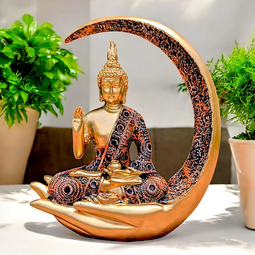 Neelaya Antique Meditating Moon Buddha Showpiece Polyresin Statue Multicolour