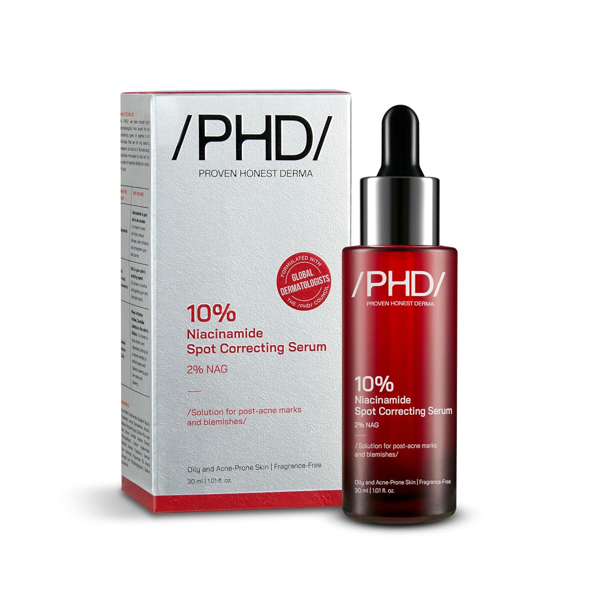 /PHD/ 10% Niacinamide Spot Correcting Serum | Niacinamide Serum for Oily Skin, Acne Scars & Enlarged Pores | Face Serum for Acne Prone Skin with 2% NAG | Brightens & Smoothens Skin | Fades Marks, Controls Oil, Removes Blemishes & Pore Care I 30ml