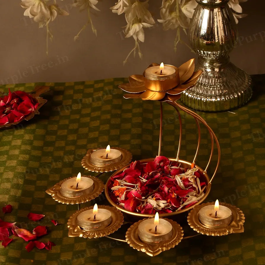 The Purple Tree Beautiful Floral Diya Urli Bowl for Floating Flowers and Tea Light Candles Gold Half Diya Flower