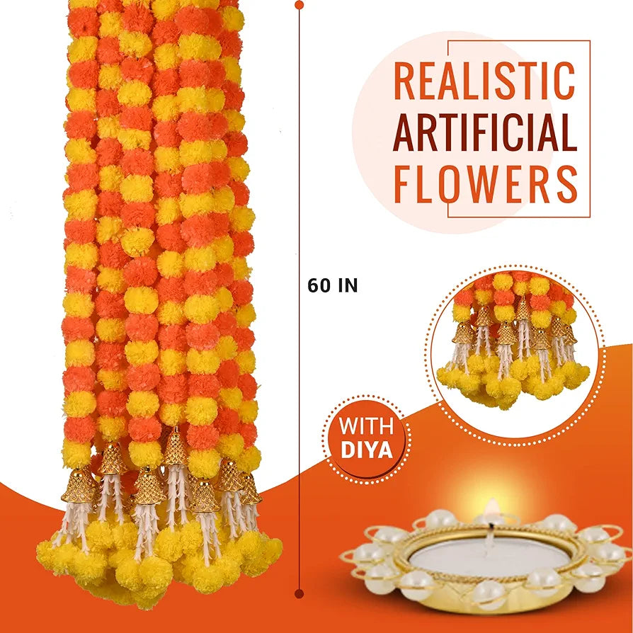 Marigold Artificial Flowers for Decoration Long Garland 5 Feet Long 5 Pcs Multibell