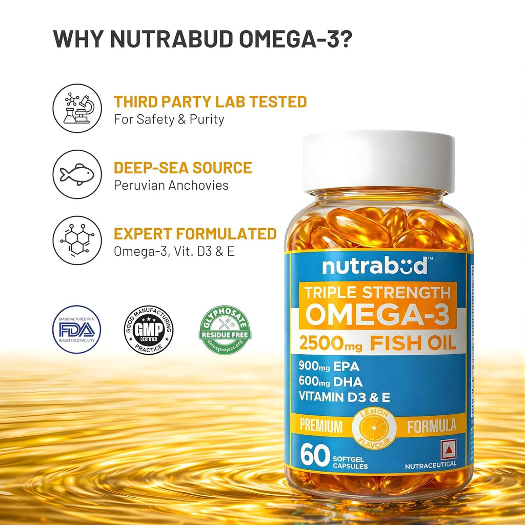 Nutrabud Omega 3 Fish Oil Capsules Triple Strength Supplement 2500mg - 900mg EPA 600mg DHA/serving - With Vitamin D & E - Lemon Flavour (60 Count (Pack of 1), Lemon)