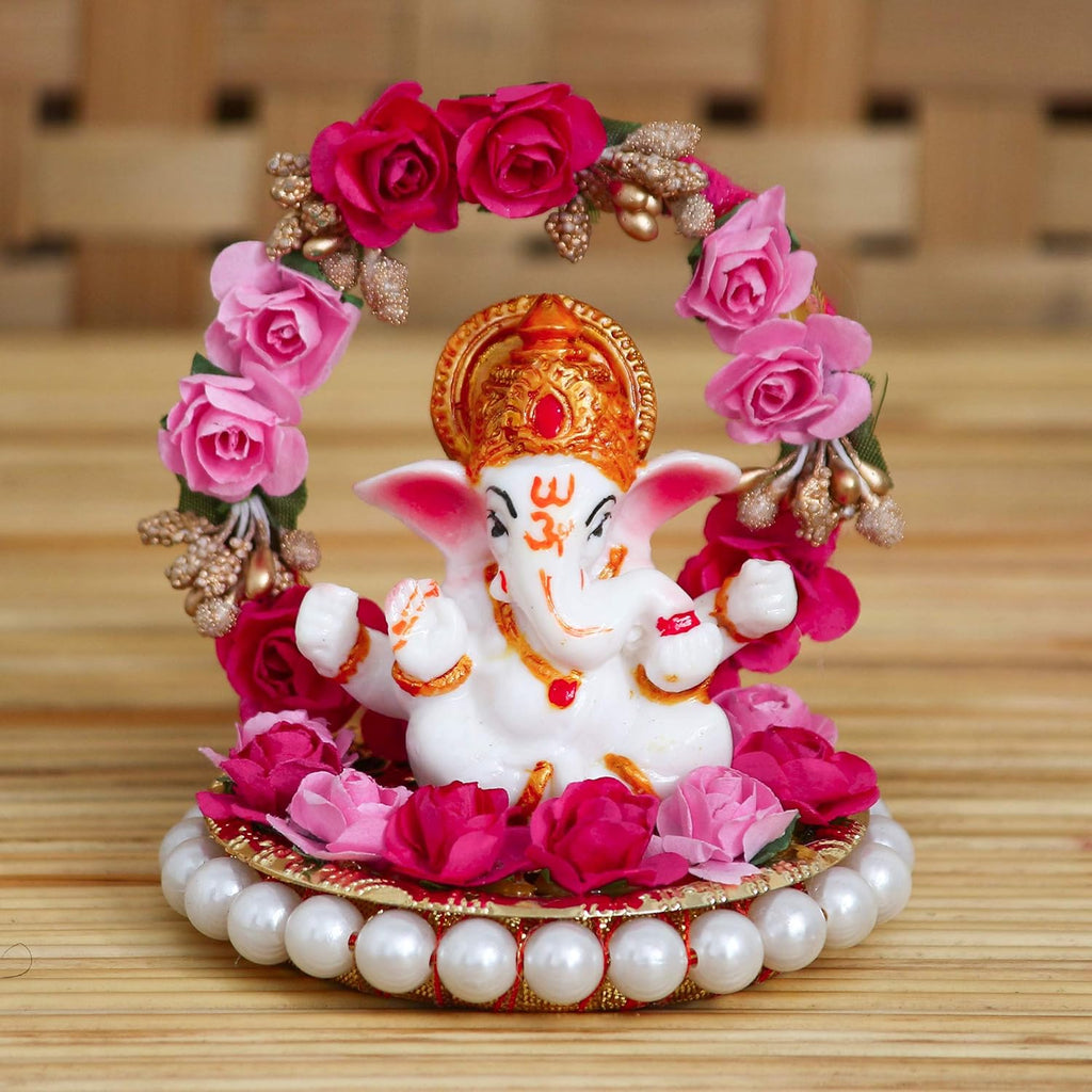 Ecraftindia Lord Ganesha Idol on Decorative Handcrafted Plate With Throne of Pink and Red Flowers