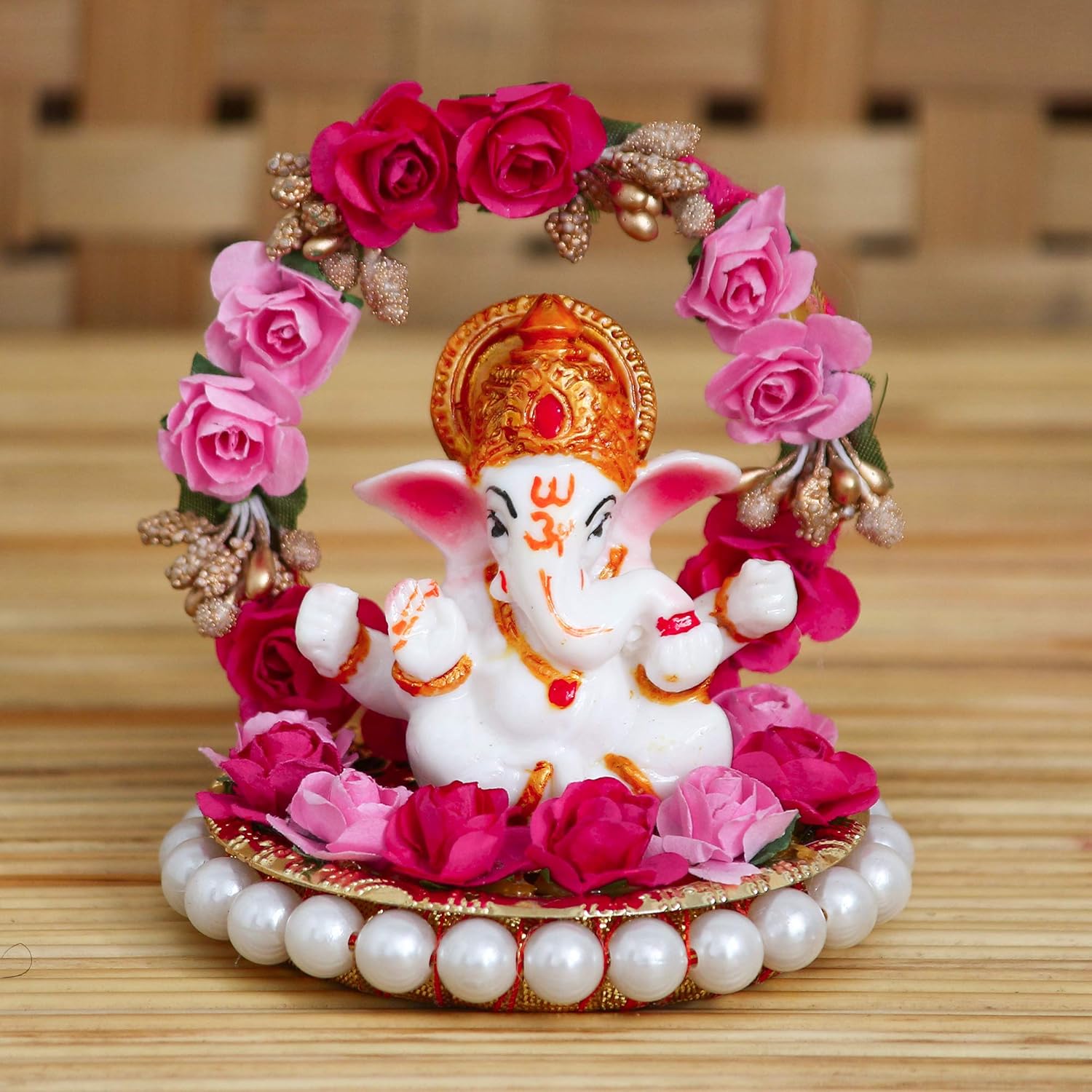 Ecraftindia Lord Ganesha Idol on Decorative Handcrafted Plate With Throne of Pink and Red Flowers