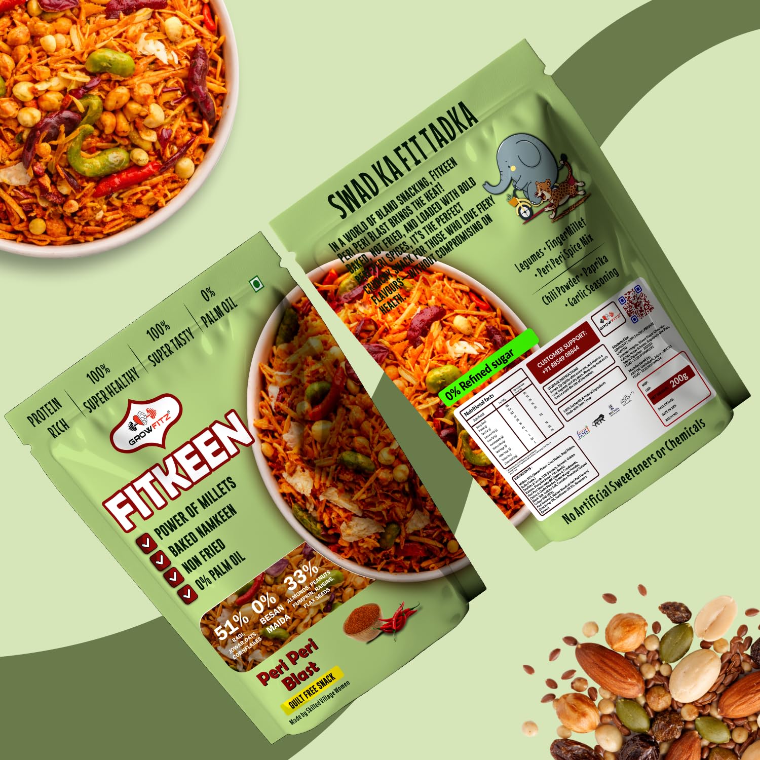 GROWFITZ Baked Namkeen Mixture 200g | Peri Peri Flavor | Non-Fried Millet Snack | 0% Palm Oil | 12.4g High Protein | Healthy Tea-Time Snack (200gram - Pack of 1, Peri Peri Spicy)