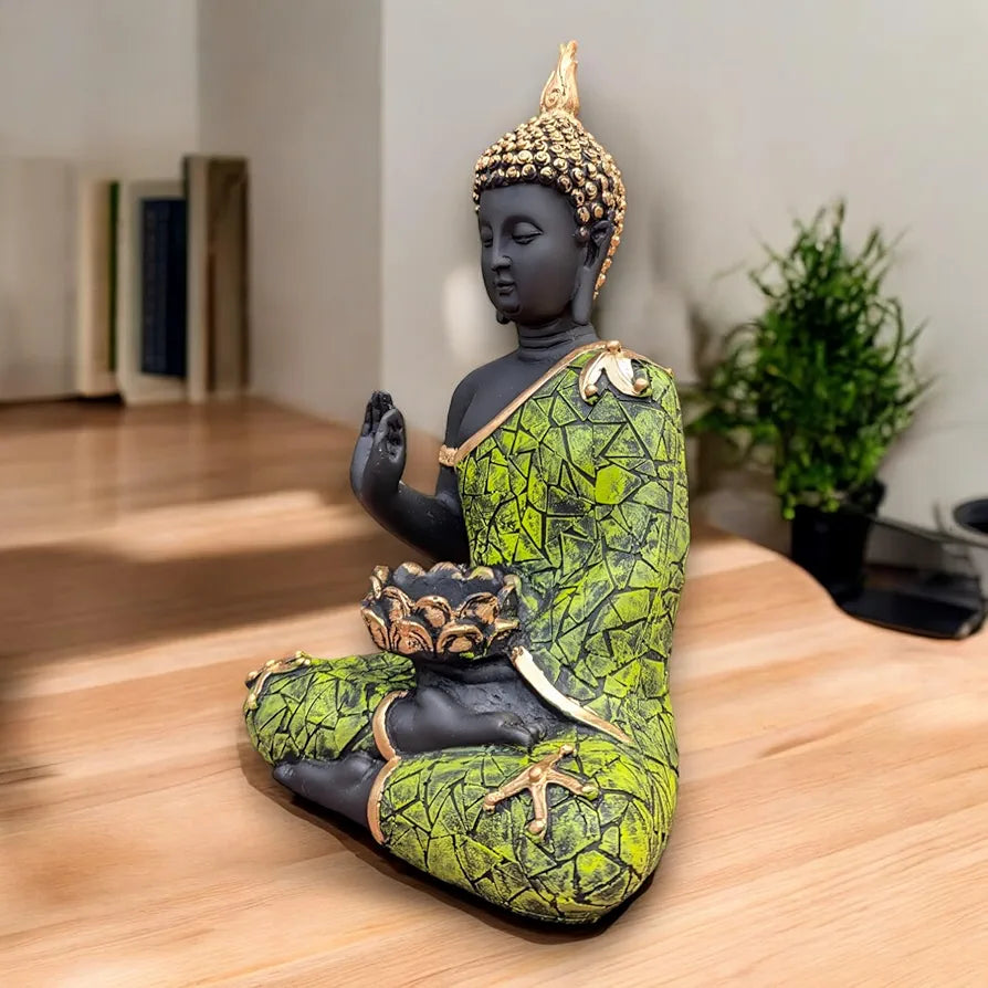 Neelaya Meditating Buddha Statue with Tealight Candle Holder Polyresin Showpiece 28 cm Black Green