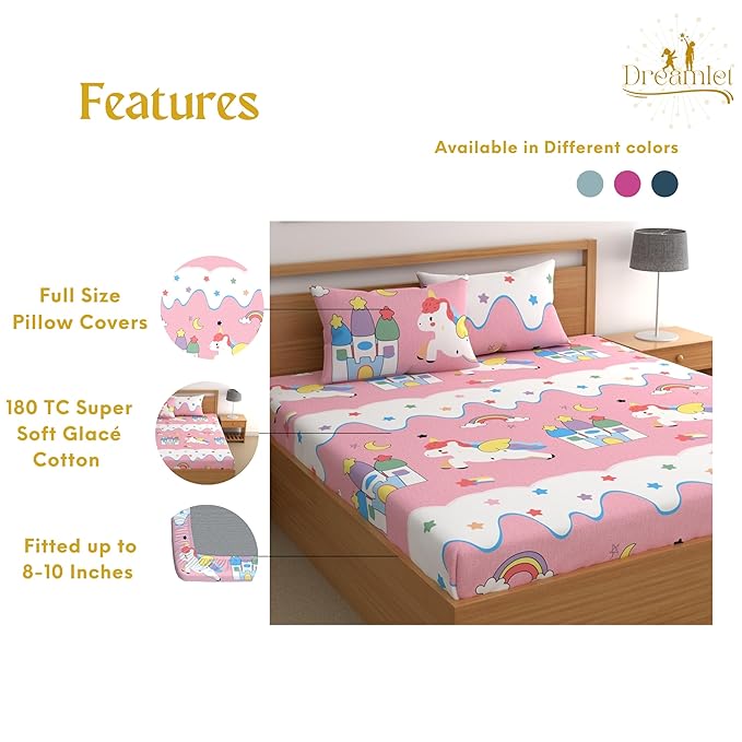 Dreamlet 180tc Cotton Feel All Around Elastic Fitted Bedsheets King Size for Double Bed With 2 Pillow Covers | Baby Pink