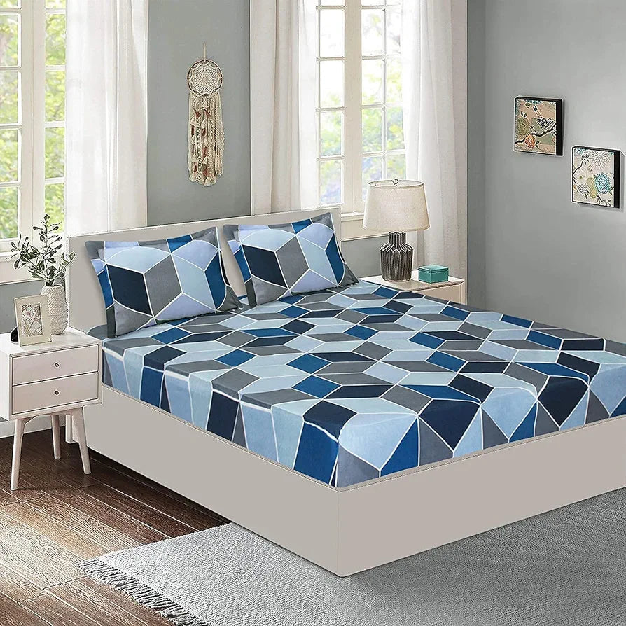 The Home Style Cotton Feel Glace Cotton All Around Elastic Fitted Printed Queen Size Double Bed Bedsheet With 2 Pillow Cover 300 TC Blue Berry