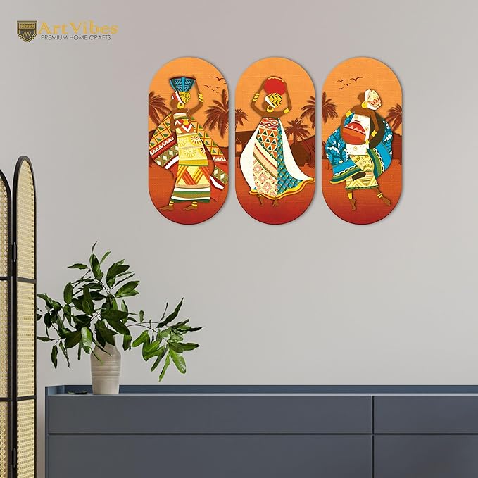 Artvibes African Women Dancing Wooden Wall Hanger for Home Set of 3 (WH_9009N)