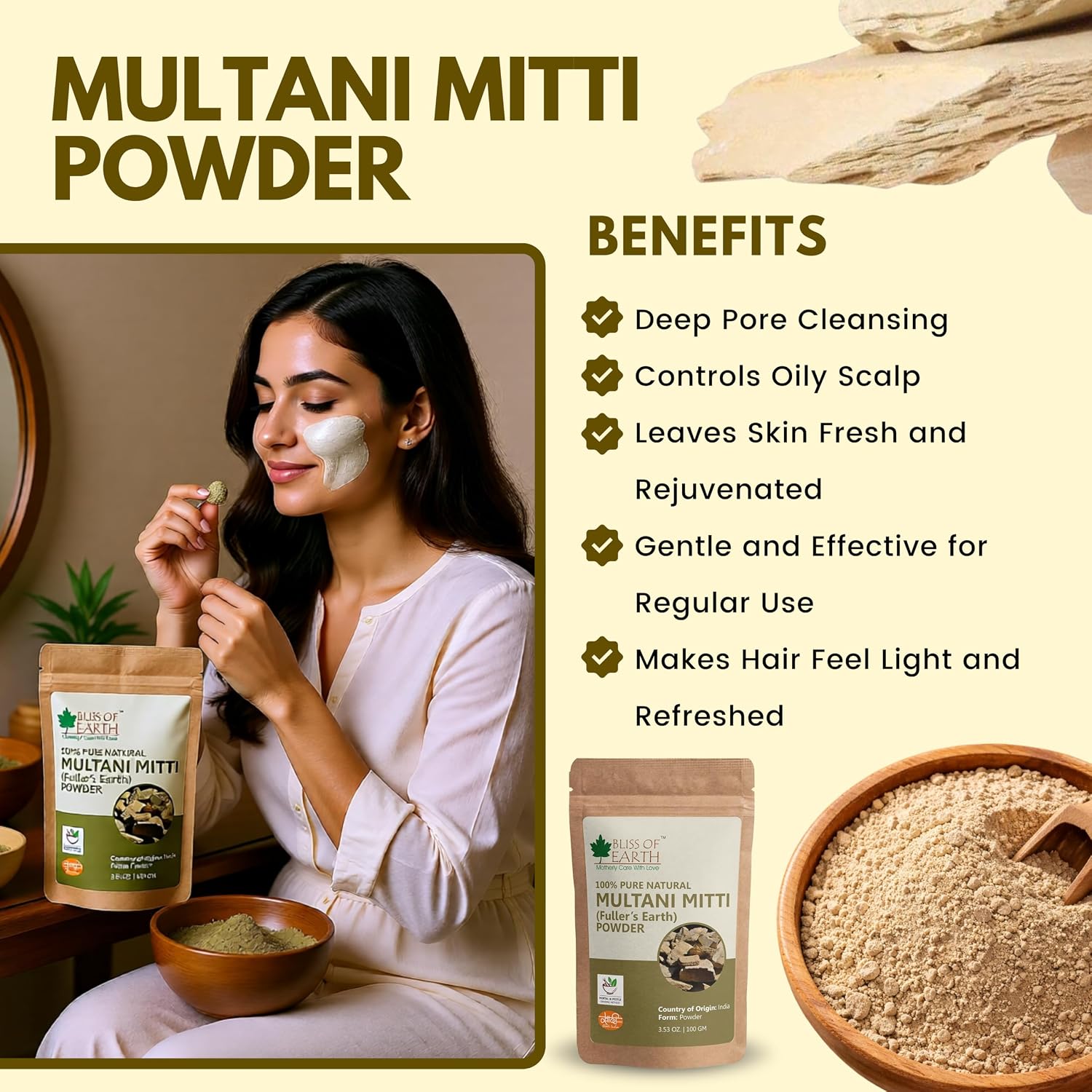 Bliss of Earth Multani Mitti Powder for Face | Natural Multani Mitti for Hair & Skin | Exfoliates, Soothes, Nourishes, Smoothens Skin & Supports Scalp Health | 100 gm