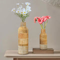 Behoma Boho Engraved Design Wooden Flower Vase Set of 2 Bottle Shape Natural Light Brown Finish Flowers not Included