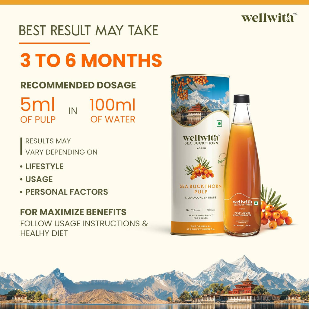 Wellwith by Ayuzera Himalayan Seabuckthorn Pulp Juice 300ml | Cold Pressed Daily Wellness Drink | Natural Vitamin C, Omegas & Antioxidants | For Immunity, Skin Radiance & Gut Wellness