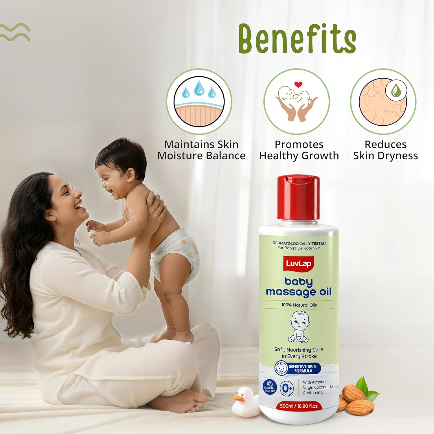 LuvLap Baby Massage Oil with Almond, Virgin Coconut Oil & Vitamin E, Deep Nourishing, Skin Repair & Relaxation, Ayurvedic Non-Sticky Oil for Soft New Born Skin, 100% Natural, Derma Safe, 500ml