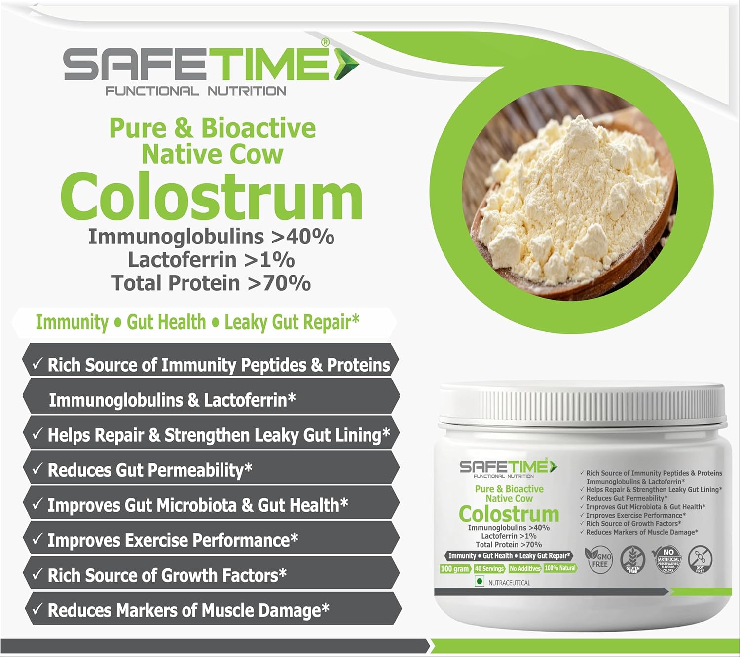 NATIVE COW COLOSTRUM, PURE with 70% Total Protien, 40% Immunoglobulins, 1% Lactoferrin, Leaky Gut, Immunity, Gut Health (100 gm powder) (Pack of 1)