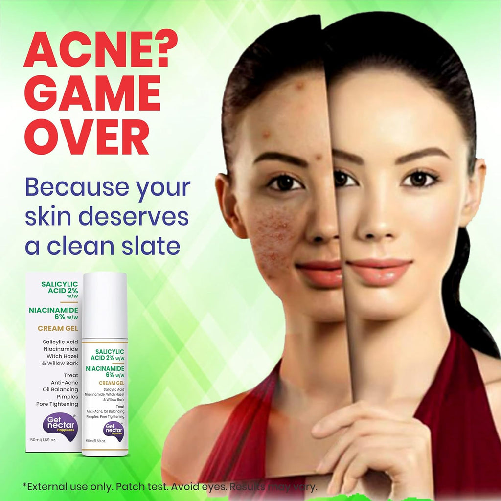 Get Nectar Happiness 2% Salicylic Acid 6% Niacinamide Acne Treatment Gel with Oil-Free for Active Acne, Pimples Oil Balancing, Pore Tightening & Brightens and Smoothens 50ml