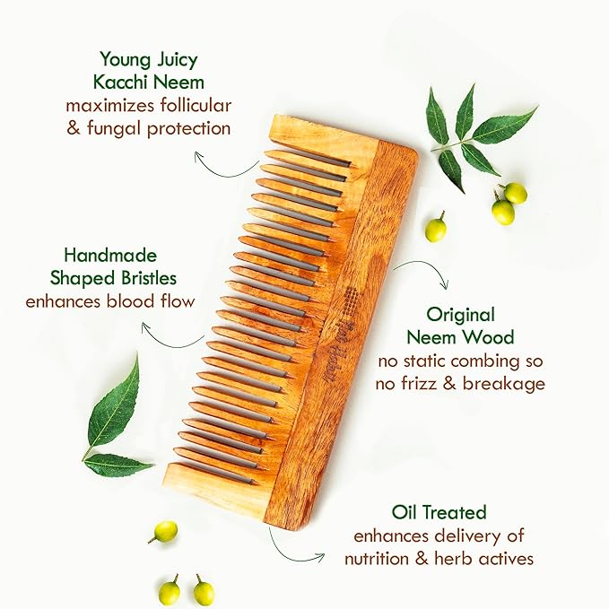 Nat Habit Kacchi Neem Comb Fine Tooth Styling & Wide Tooth Shampoo Combo, Soaked in 17 Herbs | Large Size