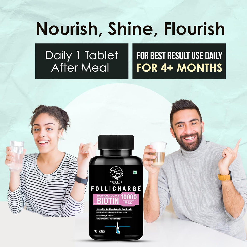 Touche Wellness Follicharge Tablets for Hair & Skin - Premium Formula with Biotin 10000 mcg with 18 Amino Acids, Mutli Minerals & Multivitamins for Men And Women 30 Tablets Bottle