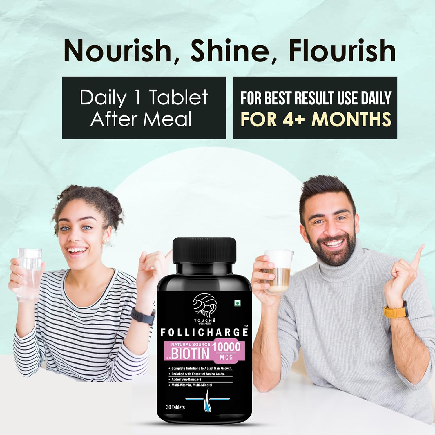 Touche Wellness Follicharge Tablets for Hair & Skin - Premium Formula with Biotin 10000 mcg with 18 Amino Acids, Mutli Minerals & Multivitamins for Men And Women 30 Tablets Bottle