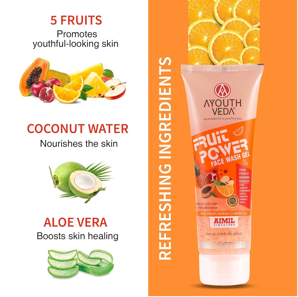 Ayouthveda Fruit Power Brightening Gel Face Wash | For Glowing Skin, Reduce Dark Spot & Blemishes | With Vitamins A, C & Antioxidants | 100ml (Pack of 1)