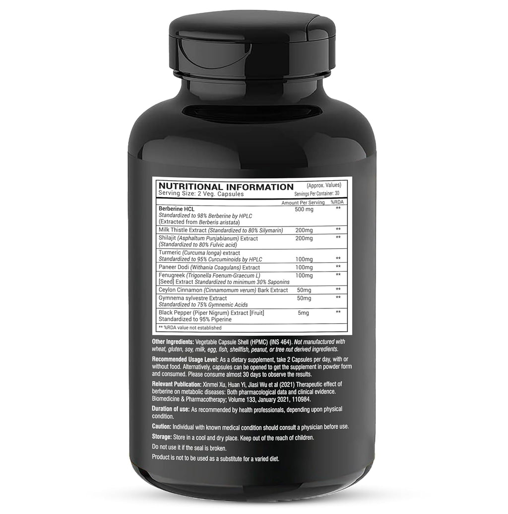 GREENDORSE Berberine HCl 98% - 8 IN 1 GDA Formulation- With Milk Thistle, Gymnema Slyvestre, Ceylon Cinnamon, Indian Rennet (Paneer Dodi), Turmeric, Shilajit, Fenugreek etc | Support Blood Sugar, Liver, Lower Cholesterol, PCOS supplement- 60 Veg Capsules