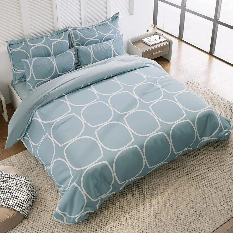 The Home Style 400 TC Supersoft Cotton Feel Glace Cotton Elastic Fitted Printed Queen Size Double Bed Bedsheet wih 2 Pillow Cover Cadet Grey