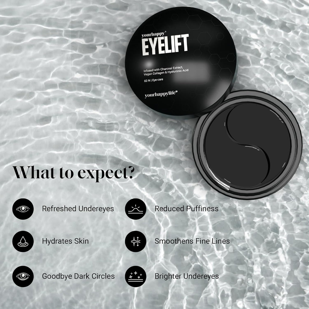 YourHappyLife Hydrogel Under Eye Patches For Dark Circles & Puffiness Reduction with Charcoal and Collagen, Reduces Fine Lines | Hydrates skin & Instant Cooling Effect | Vegan | 60 Patches.