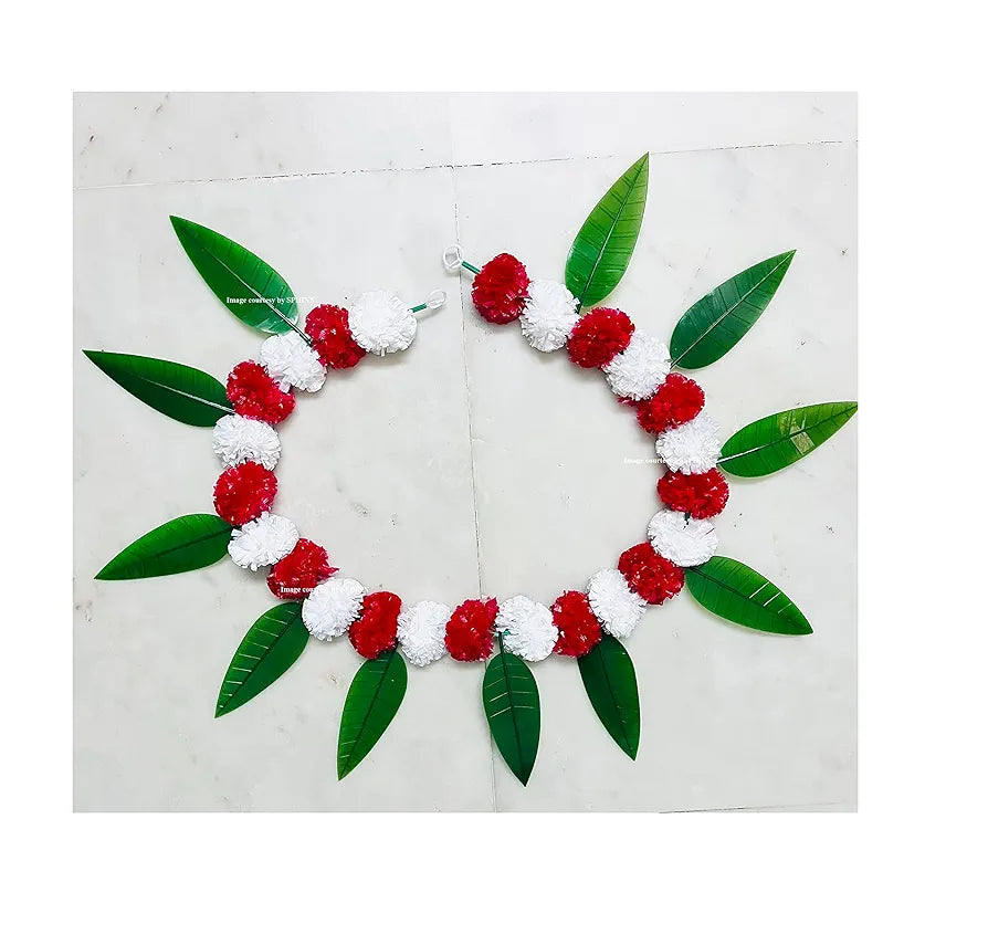 Artificial Marigold &Mango Leaves Simple Door-Window Toran White and Red