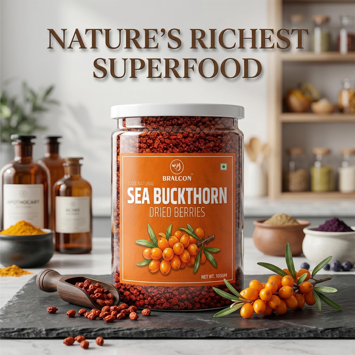BRALCON Sea Buckthorn Dried Berries - 100 g, Natural Tangy Fruit, Premium Snack, Culinary Ingredient for Smoothies, Breakfast Bowls and Desserts, 100g Pack
