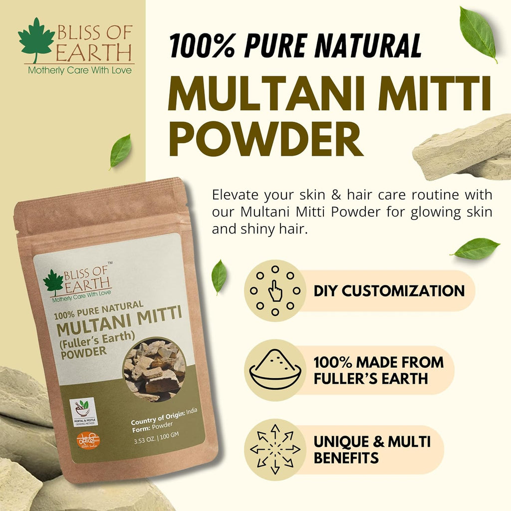 Bliss of Earth Multani Mitti Powder for Face | Natural Multani Mitti for Hair & Skin | Exfoliates, Soothes, Nourishes, Smoothens Skin & Supports Scalp Health | 100 gm