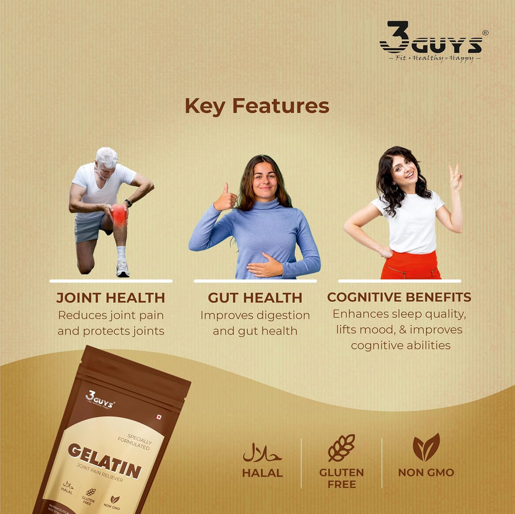 3 GUYS Edible Gelatin Powder 100g for Food & Cosmetic Use | Natural Joint Pain Reliever & Digestion Support | Unflavoured Base for DIY Peel-Off Face Masks & Hair Removal | Gluten-Free, Halal & Non-GMO for Graceful Aging
