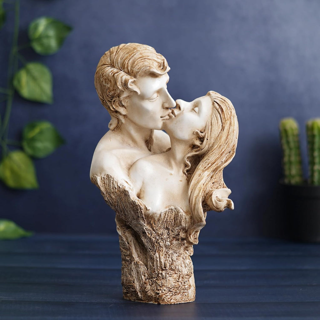 Ecraftindia White Brown Polyresin Man and Woman Kissing Statue, Romantic Kissing Couple Figurine | Elegant Home Decor