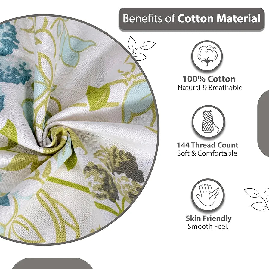 Divine Casa Double Size Bedsheet for Double Bed, 144 TC Pure Cotton Queen Size with 2 Pillow Covers Floral Colour Mint Blue