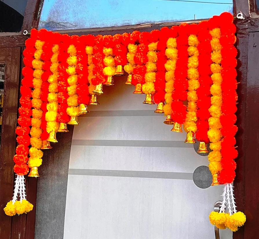 Artificial Marigold Bandanwar 40 Inch Orange & Yellow Fluffy Door Toran with Golden Bells Golden Bell With Marigold Bandanwar