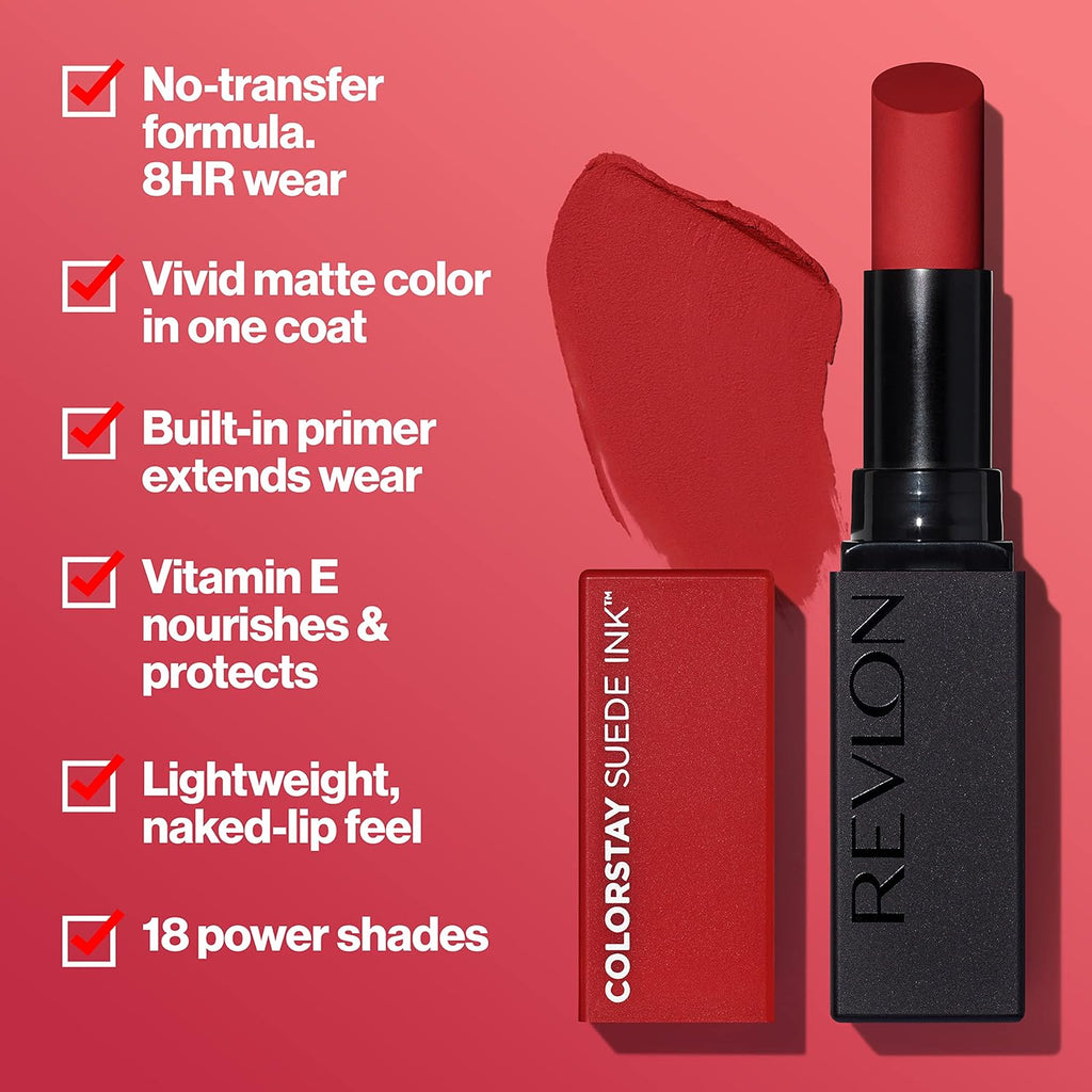 Revlon Lipstick, ColorStay Suede Ink, Built-in Primer, Infused with Vitamin E, Waterproof, Smudge-proof, Matte Color, 002 No Rules, 2.55 g