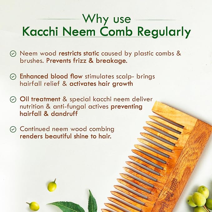 Nat Habit Kacchi Neem Comb Fine Tooth Styling & Wide Tooth Shampoo Combo, Soaked in 17 Herbs | Large Size