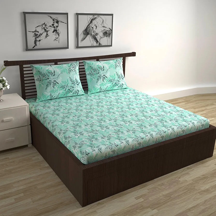 Divine Casa 144 TC 100% Cotton Bedsheet for Double Bed with 2 Pillow Cover Colour Aqua Mist