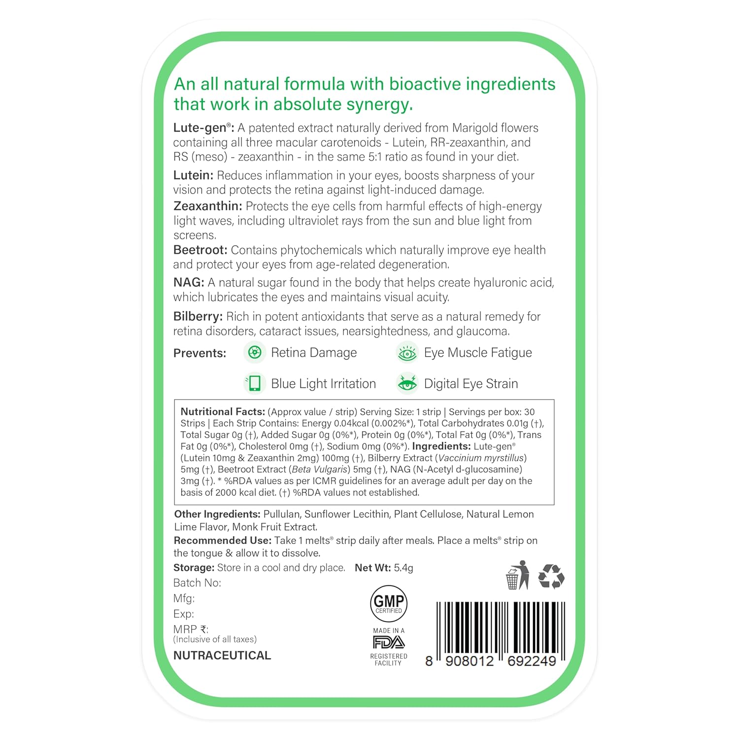 Wellbeing Nutrition Melts Eye Care Vitamins with Lutemax 2020 (Lutein + Zeaxanthin), Bilberry, Beetroot | Prevents Blue Light Damage, Glare Sensitivity & Digital Strain Guard (30 Oral Strips)