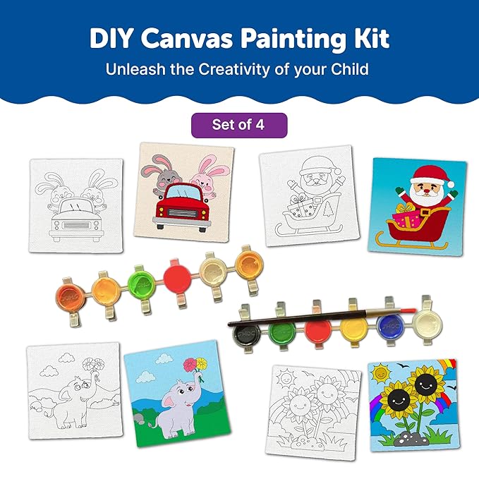 Mini Leaves Mini Canvas Art and Craft Paint Kit Diy Kit With Wooden Easel, Colours, Painting Brush for Girls Boys 4-6 Years | Set of 4