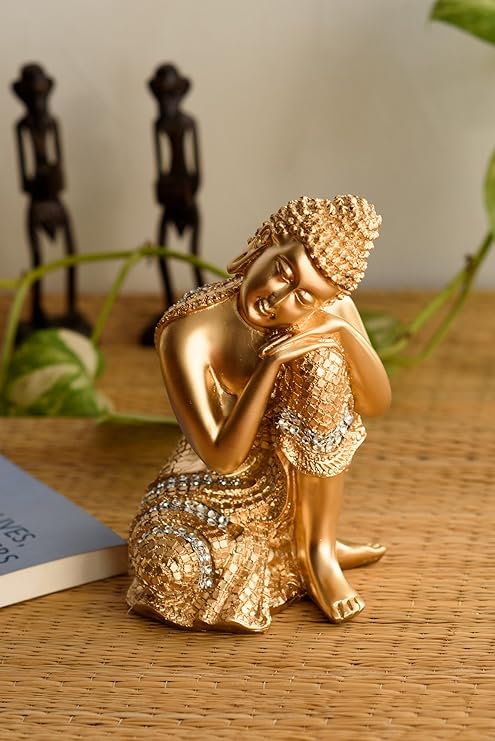Ecraftindia Golden Buddha on Knee Showpiece Polyresin Statue | Red and Brown