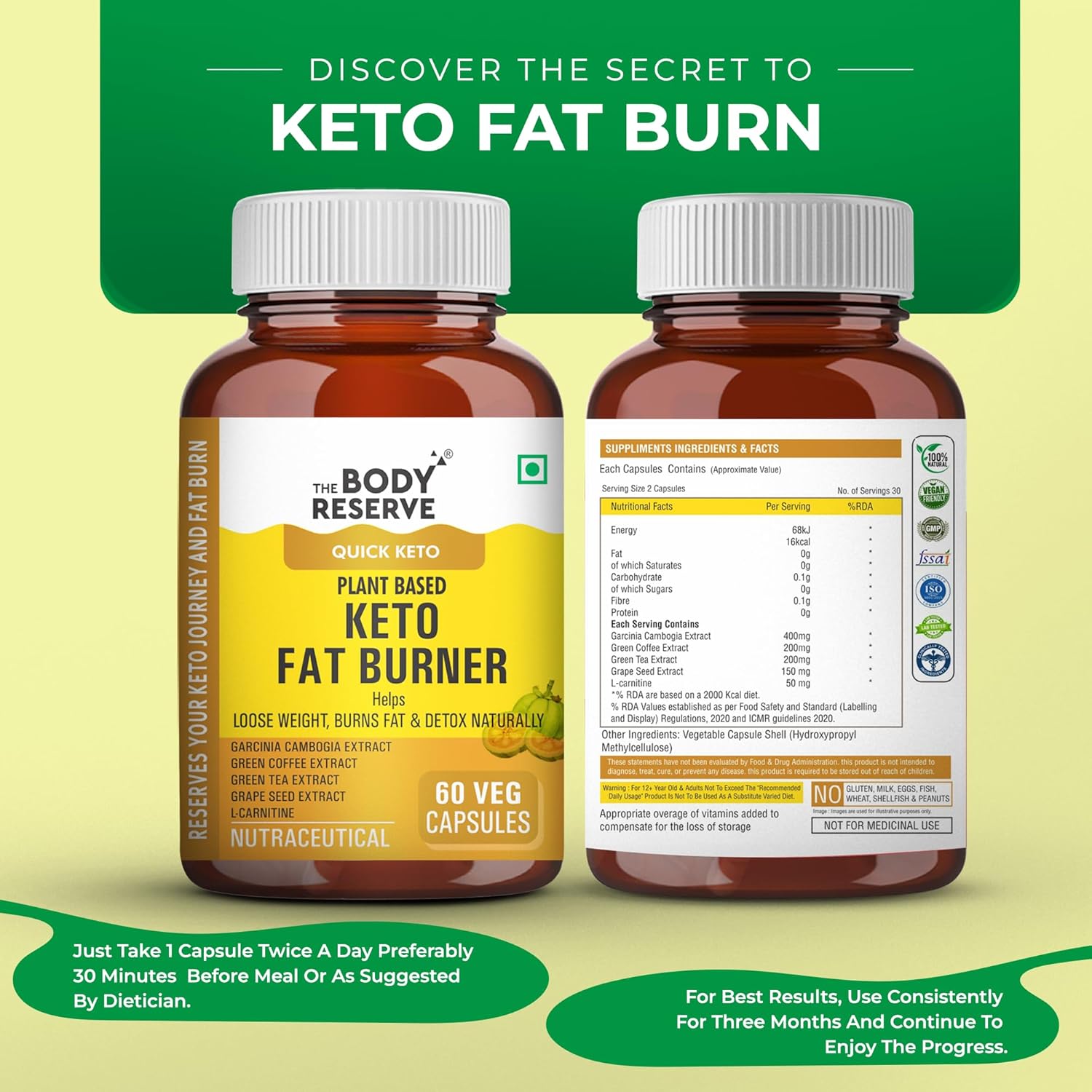 The Body Reserve Keto Fat Burner Capsules | Weight Loss Supplement with 1000mg Garcinia Cambogia, Green Coffee & Green Tea Extract | Daily Weight Loss Burner for Men & Women | Metabolism Support | 60 Veg Capsules