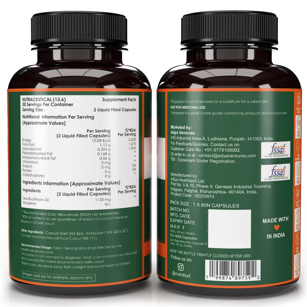 Nutrabud Himalayan Sea Buckthorn Berry Oil -1120mg per serving - Cold-Pressed Vegetarian Omega 3,6,7,9 Oil for Skin Glow, Immunity & Gut Health Supplement (60 Count (Pack of 1), Unflavoured)