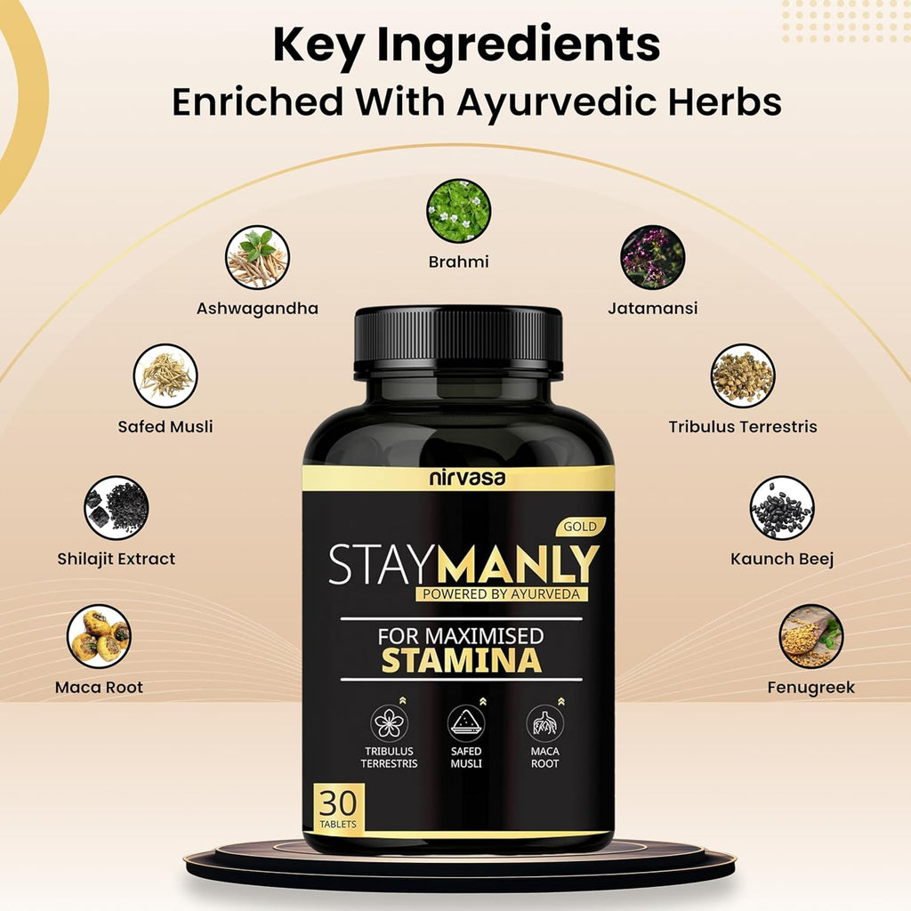 Nirvasa StayManly Gold Tablets (30 Tabs) | Ayurvedic Strength, Stamina & Performance Booster | Boosts Energy, Endurance & Vitality | Tribulus Terrestris, Ashwagandha, Safed Musli & Shilajit