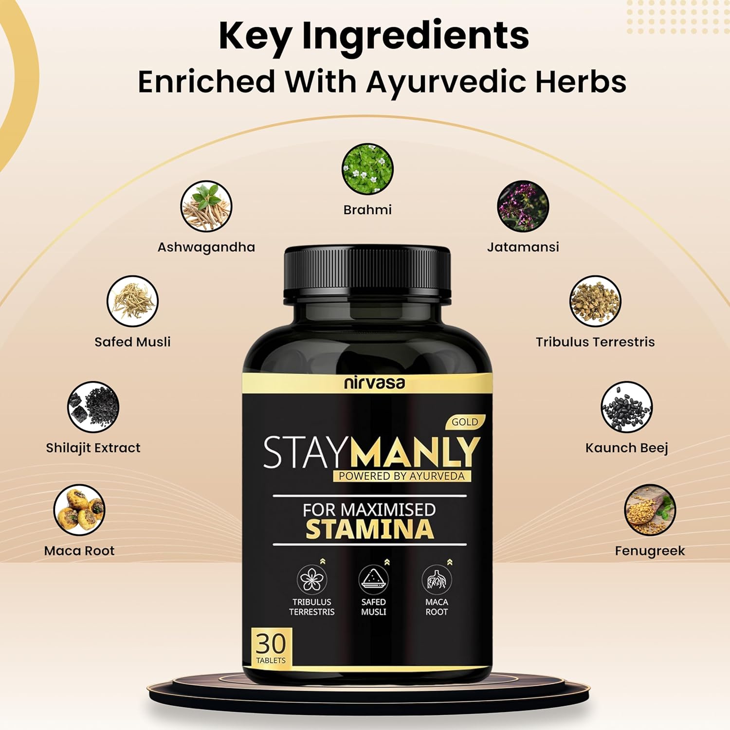 Nirvasa StayManly Gold Tablets (30 Tabs) | Ayurvedic Strength, Stamina & Performance Booster | Boosts Energy, Endurance & Vitality | Tribulus Terrestris, Ashwagandha, Safed Musli & Shilajit