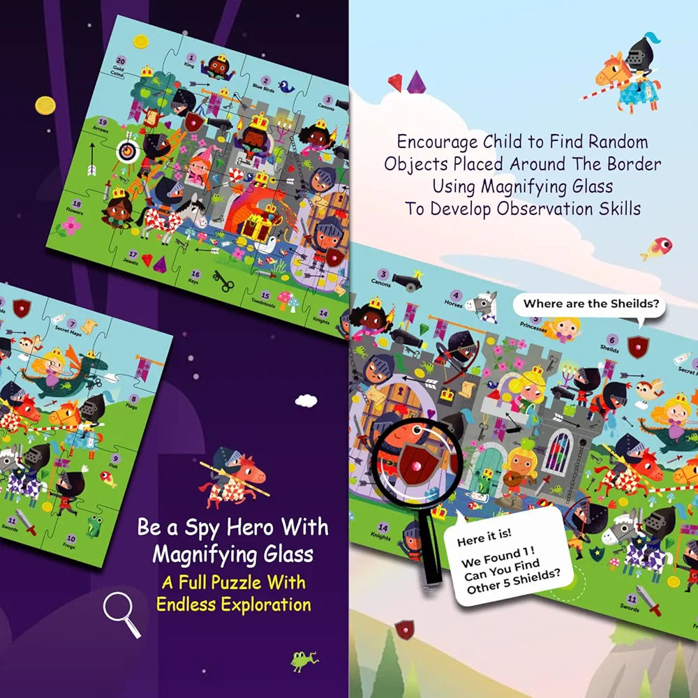 Playqid Learn to Count Numbers 1-20 Knights & Dragons Jigsaw Floor Puzzle for Kids Age 2-5 Years Fairytale Princess Castle Hidden Pictures