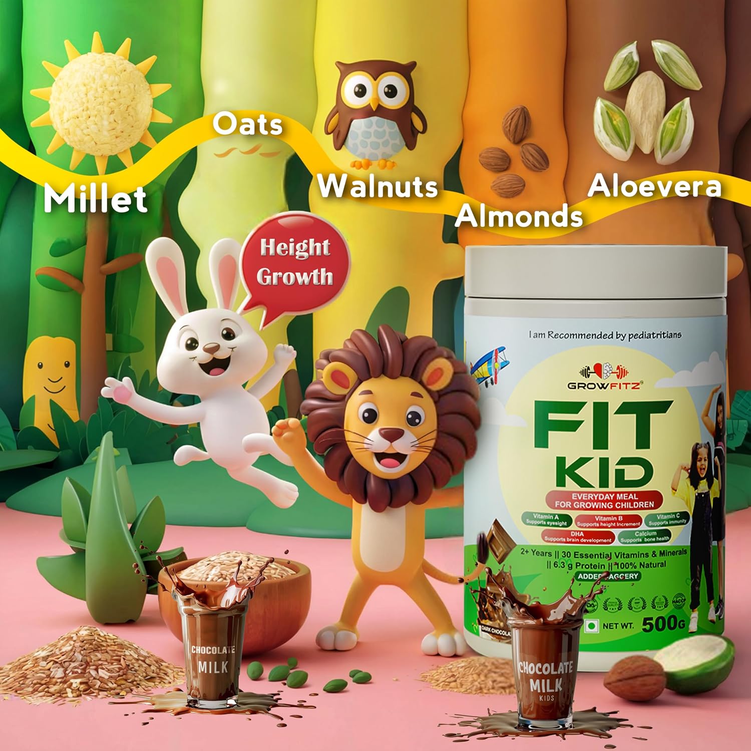 Growfitz FitKid | Natural Healthy Everyday Meal for Kids 2-18 | No Added Sugar | Supports Bone Strength, Immunity, Brain Development | 6.3g Protein | Almonds, Walnut, Ragi, Bajra (400g, Chocolate)