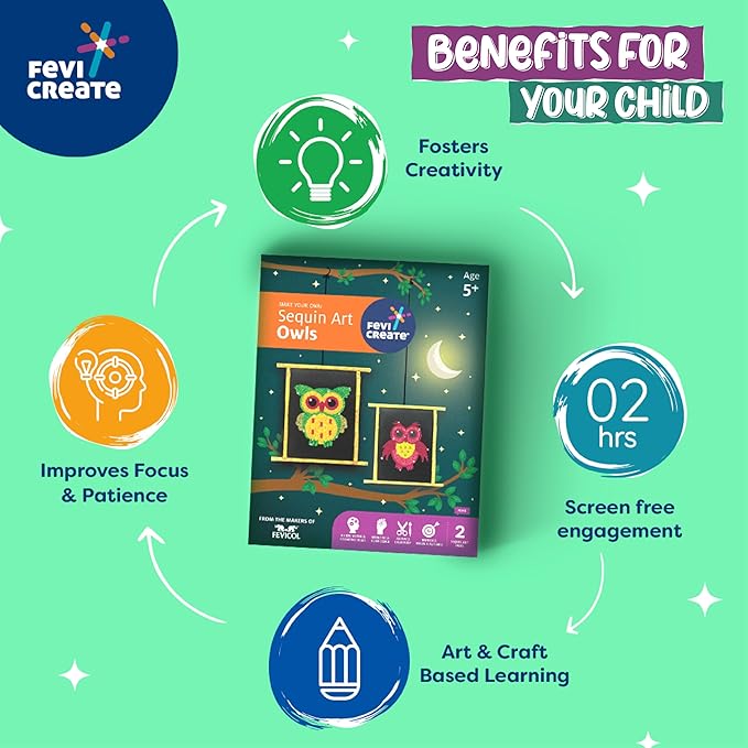 Fevicreate Sequin Art Owl Craft Kit Boost Child's Creativity for Kids Age 5+ Years