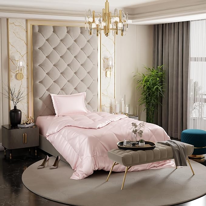 Stoa Paris Satin Comforter Single Bed with 300 TC One Pillow Cover Colour Blushing Pink
