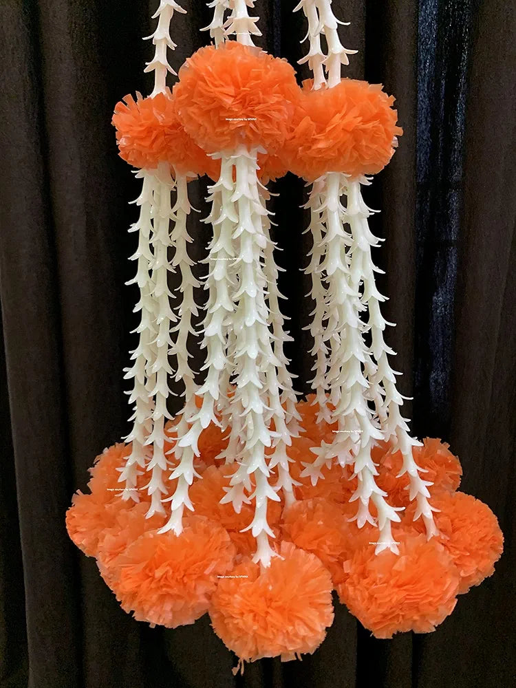 Artificial Rajnigandha & Clustered Marigold Strings 2.33 ft Dark Orange