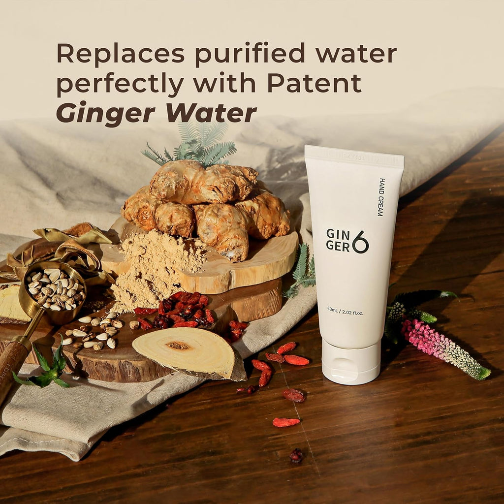 GINGER6 Hand Cream 60ml | 67.6% Ginger Extract Water | Shea Butter & 8 Natural Oils | 8 Hyaluronic Acids Moisturizing | Peptide & Mineral Complex | EWG Green Grade | Green Forest Scent Hydrating Care