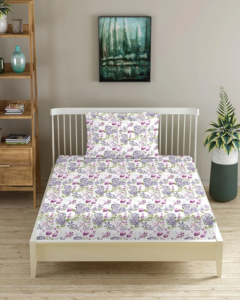 Trance Home Linen 180TC 100% Cotton 78"x36" Single Size Elastic Fitted Bedsheet Printed with 1 Pillow Cover Colour Huvu Lilac